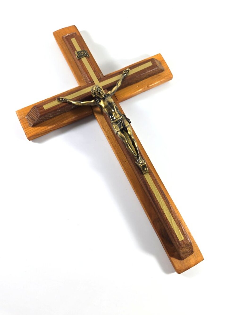 Vintage Handmade Wooden Wall Crucifix Wood Brass Corpus Catholic Religious Decor